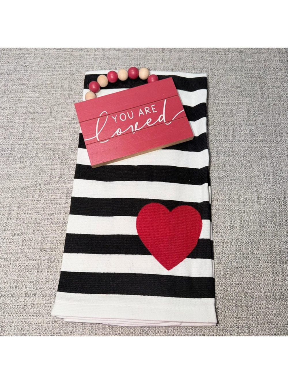 Kitchen Towel & You Are Loved Wood Sign Set Heart Beaded Decor